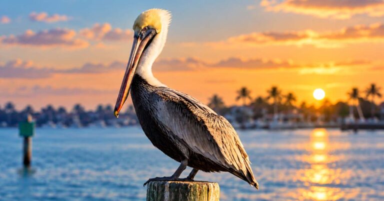 A brown pelican perched on a dock piling at sunset, with the inlet, palm trees and a low sun behind it